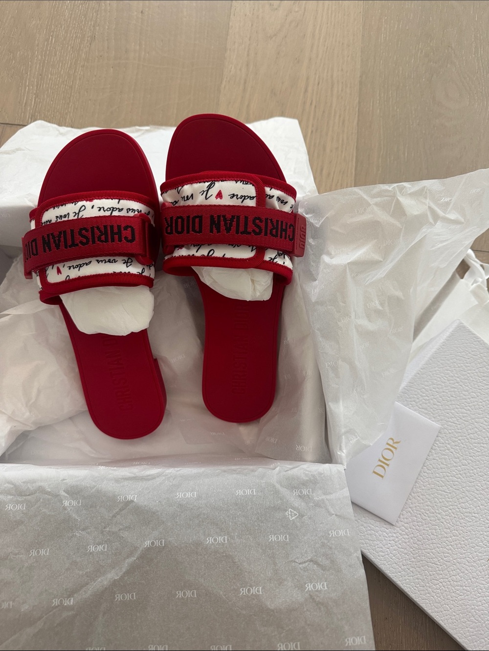 NEW NWT Dior White & Red Sandal Box with Dust Bag and Card. Rubber sole. Size 38